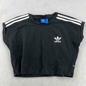 Adidas Women's Black Short-sleeves Logo Crewneck Crop Top Size M